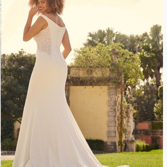 Bevan by Maggie Sottero, Ivory with Pewter Accent, Crepe Wedding Dress - Picture 3 of 11